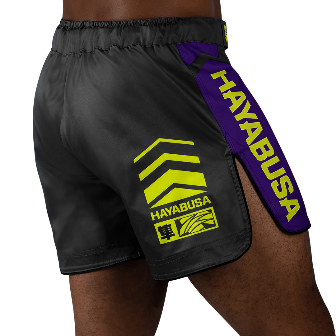 Hayabusa Icon Mid-Thigh Fight Shorts Zwart/Neon/Paars - Image 4