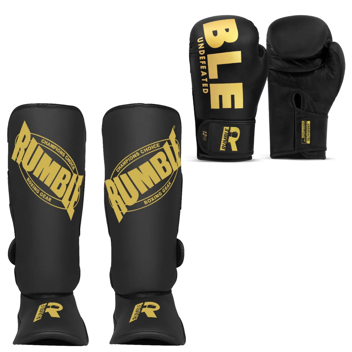 Rumble Kickboks set Bokshandschoen Undefeated PU & Rumble Scheenbeschermer Beginner Zwart/Goud