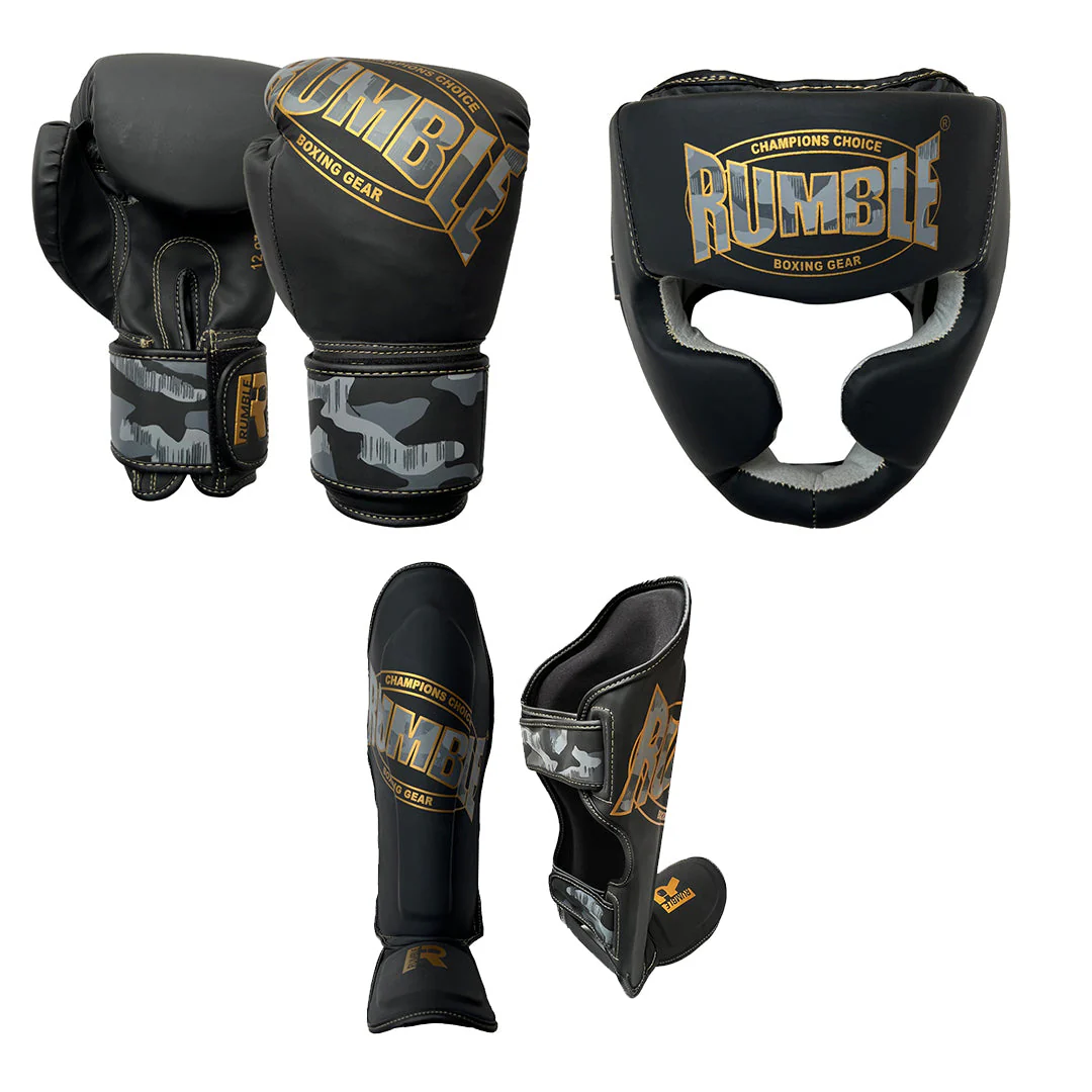 Rumble Kickboksset Kids Camo Black/Gold + Hoofdbeschermer