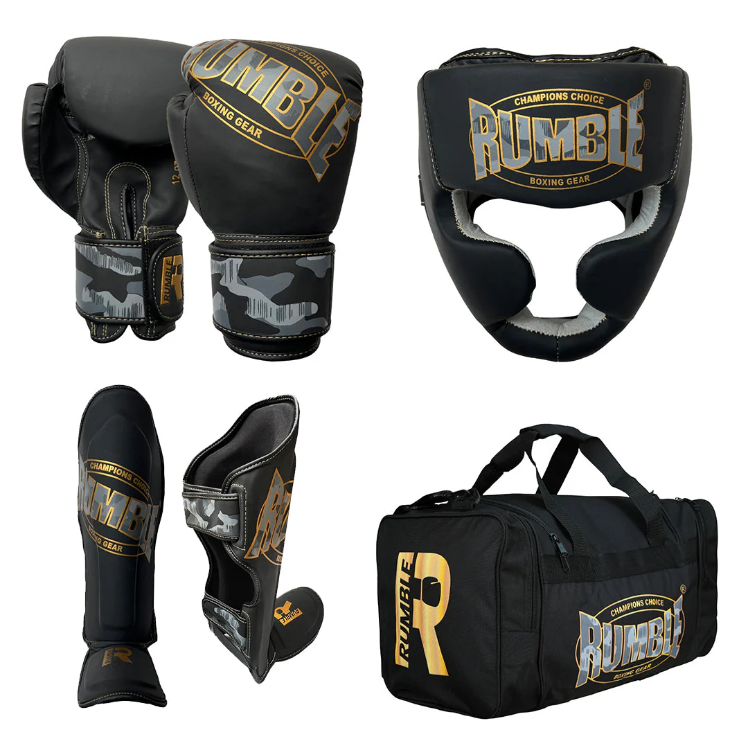 Rumble Kickboksset Kids Camo Black/Gold + Hoofdbeschermer + Sporttas