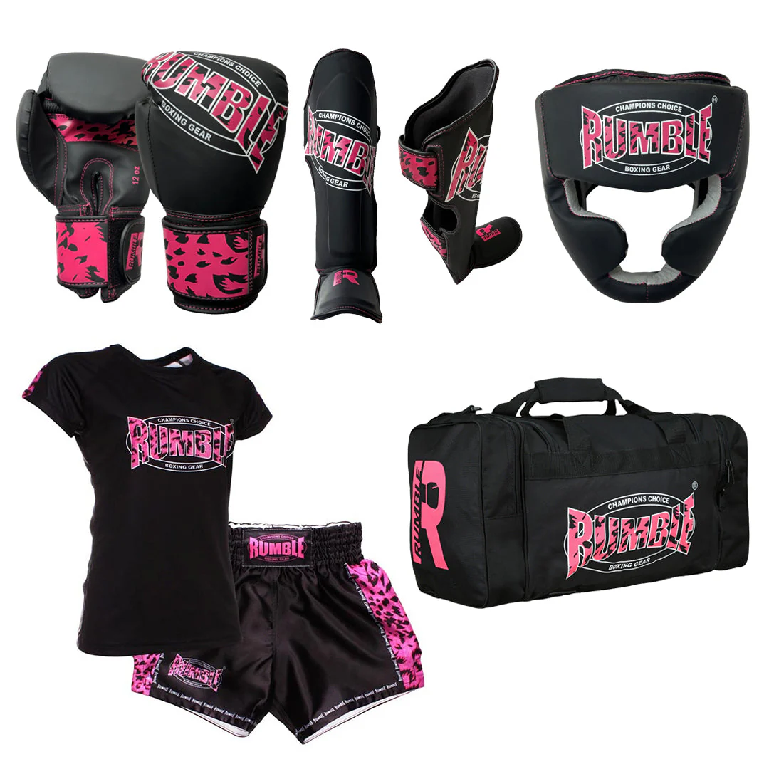 Rumble Kickboksset Kids Camo Black/Pink + Hoofdbeschermer + Sporttas + Kledingset