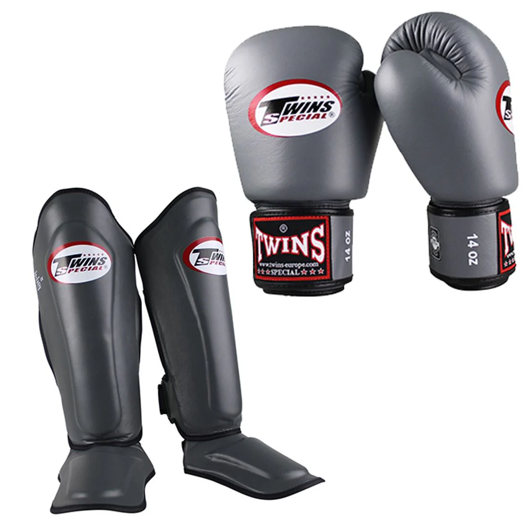 Twins Kickboks Set Bokshandschoen BGVL-3 Grijs & Scheenbeschermer SGL-7 Grijs