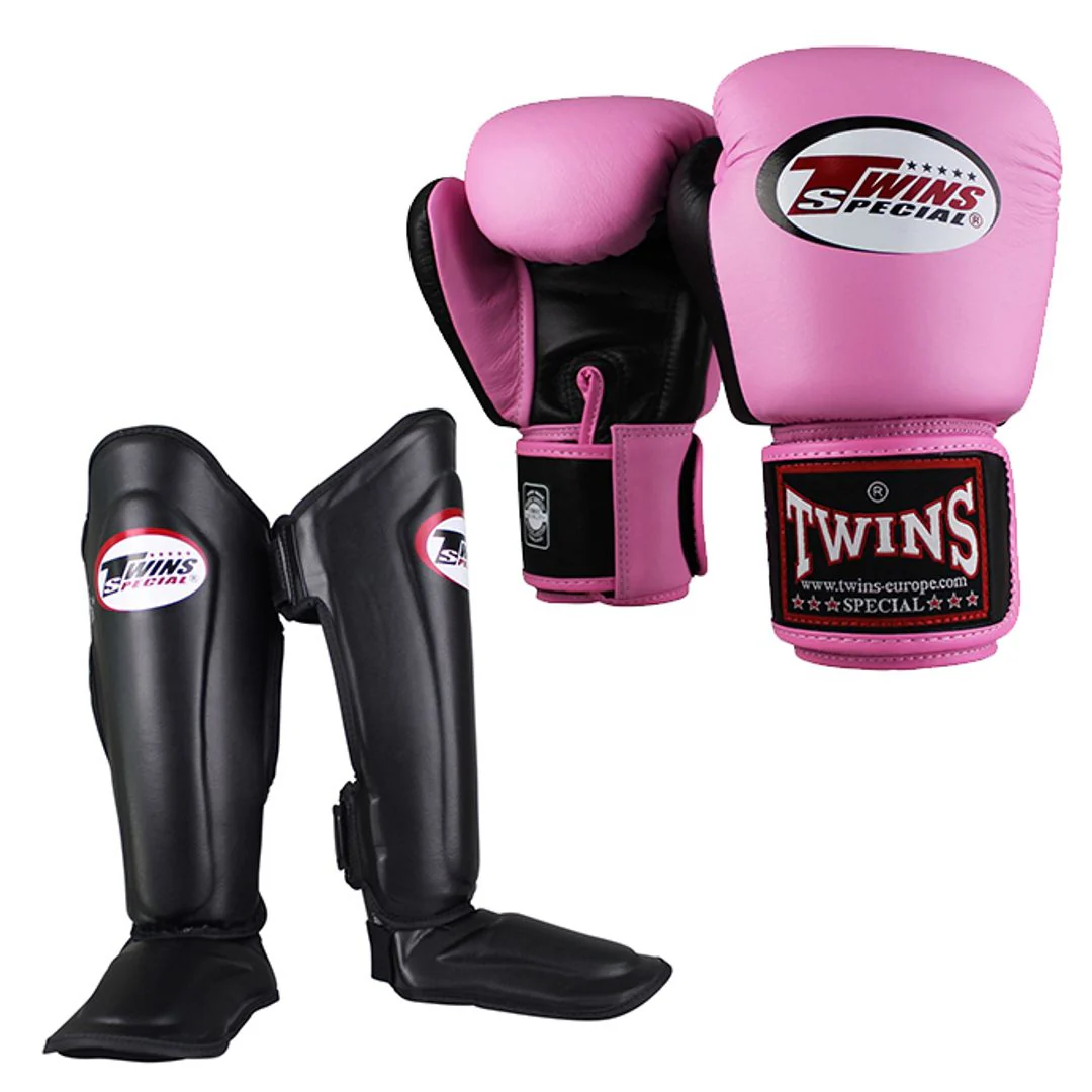 Twins Kickboks Set Bokshandschoen BGVL-3 Roze/Zwart & Scheenbeschermer SGL-7 Zwart