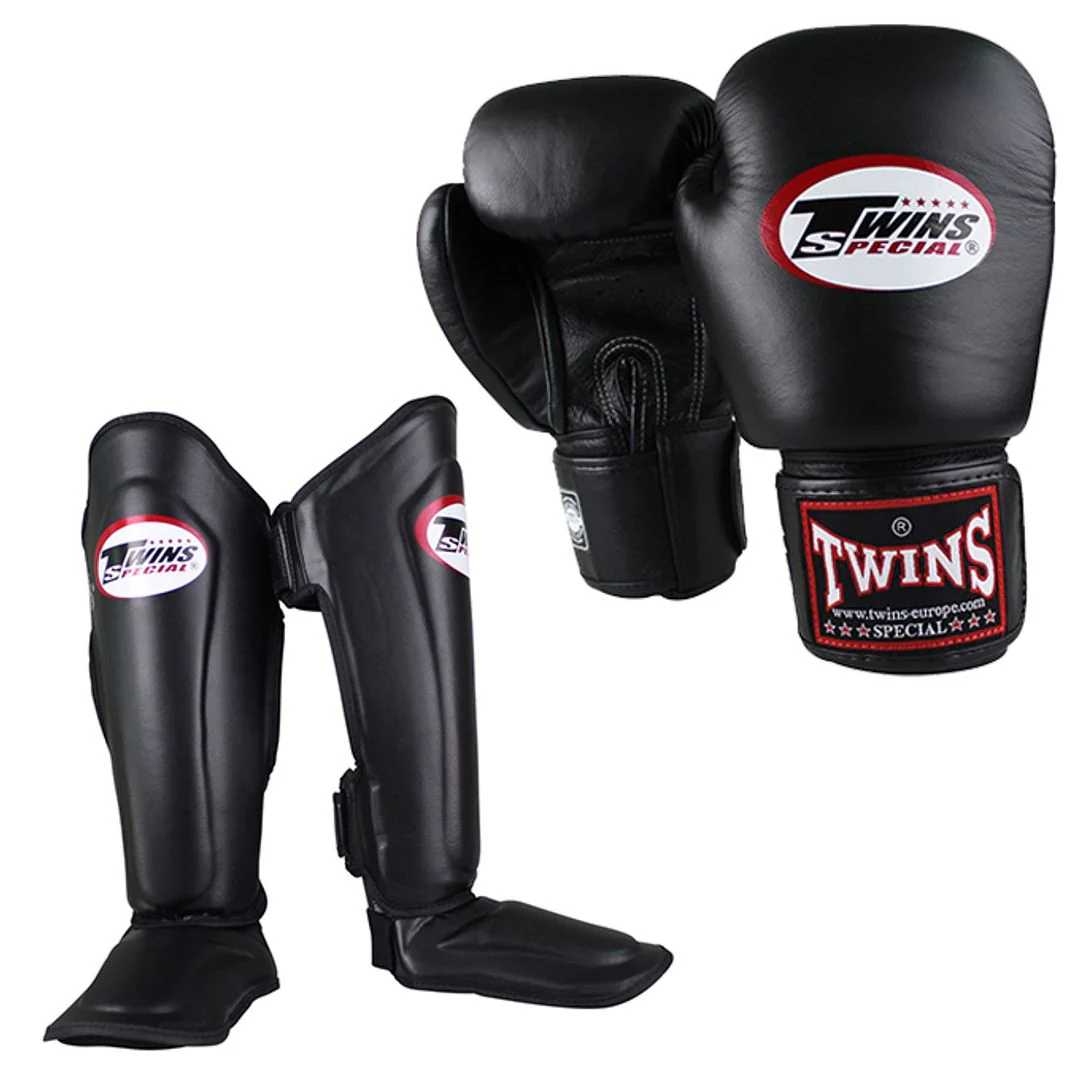 Twins Kickboks Set Bokshandschoen BGVL-3 Zwart & Scheenbeschermer SGL-7 Zwart