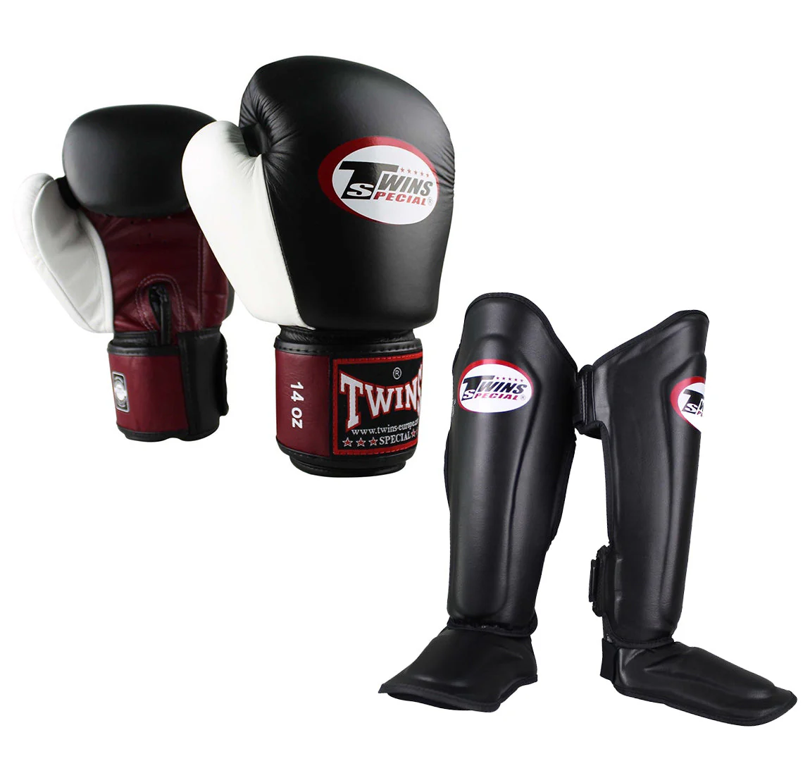 Twins Kickboks Set Bokshandschoen BGVL-4 Black-Red-White & Scheenbeschermer SGL-7 Zwart