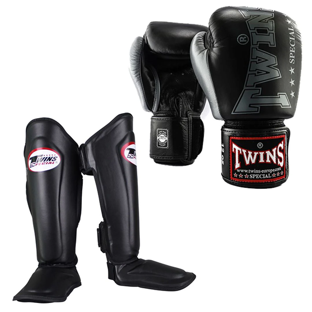 Twins Kickboks Set Bokshandschoen BGVL-8 Zwart & Scheenbeschermer SGL-7 Zwart
